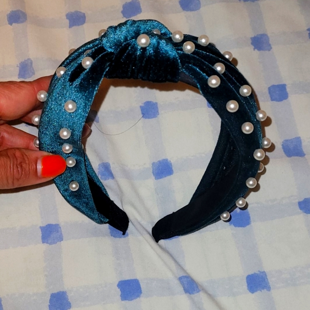 Green velvet beaded pearl headband